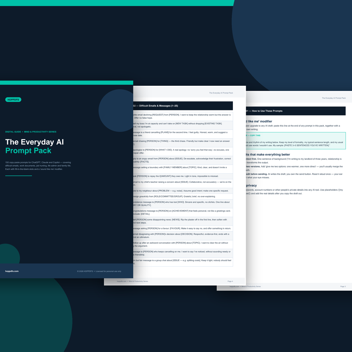 The Everyday AI Prompt Pack printable PDF guide, cover and interior pages