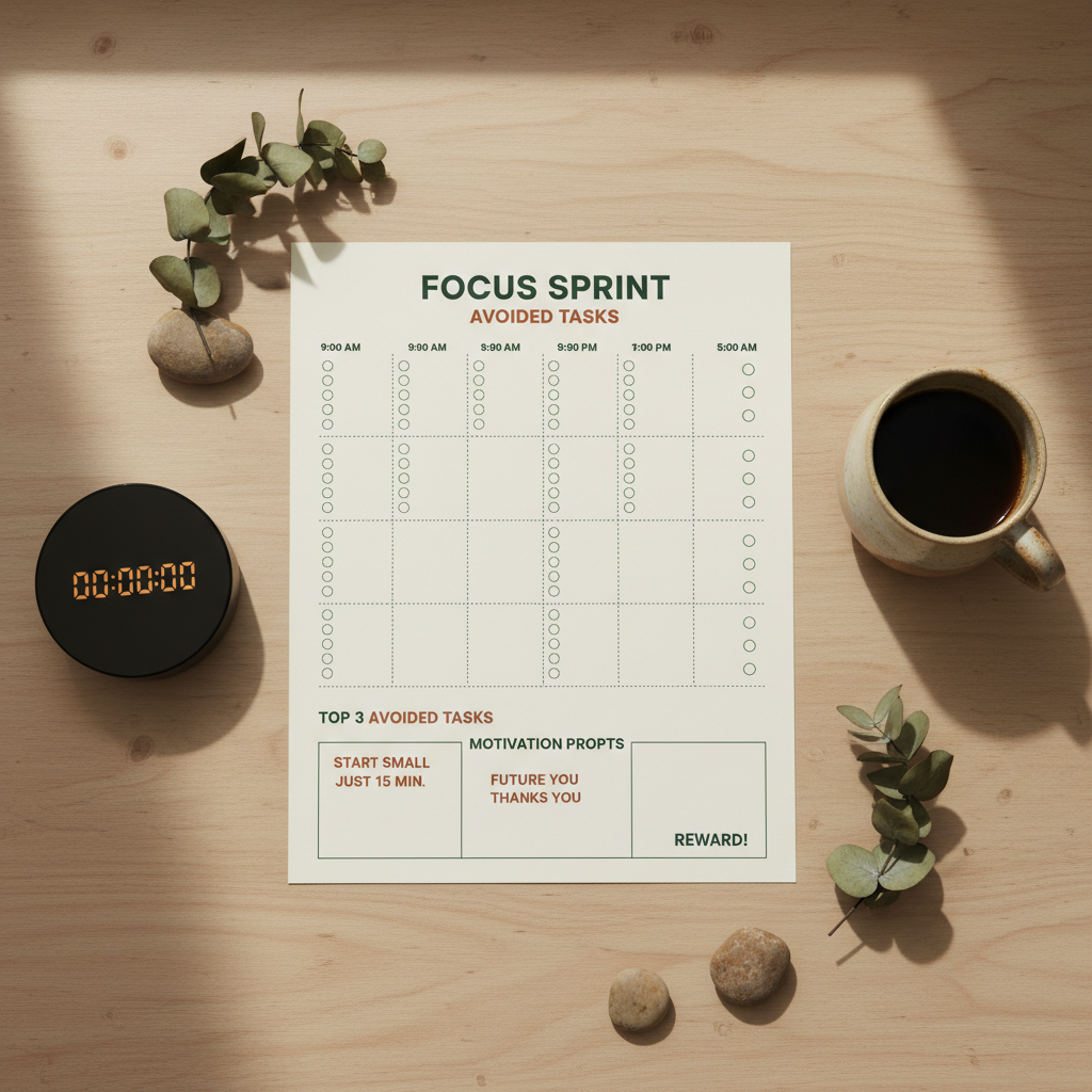 Focus Sprint Planner ADHD-Friendly Printable flat lay on a warm neutral desk