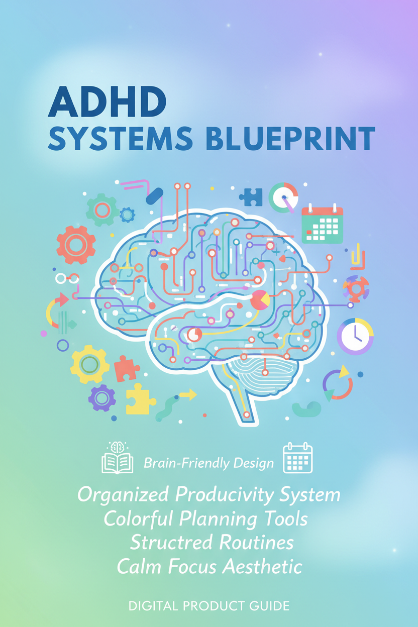 ADHD Systems Blueprint PDF guide cover with colourful planning and organisation tools