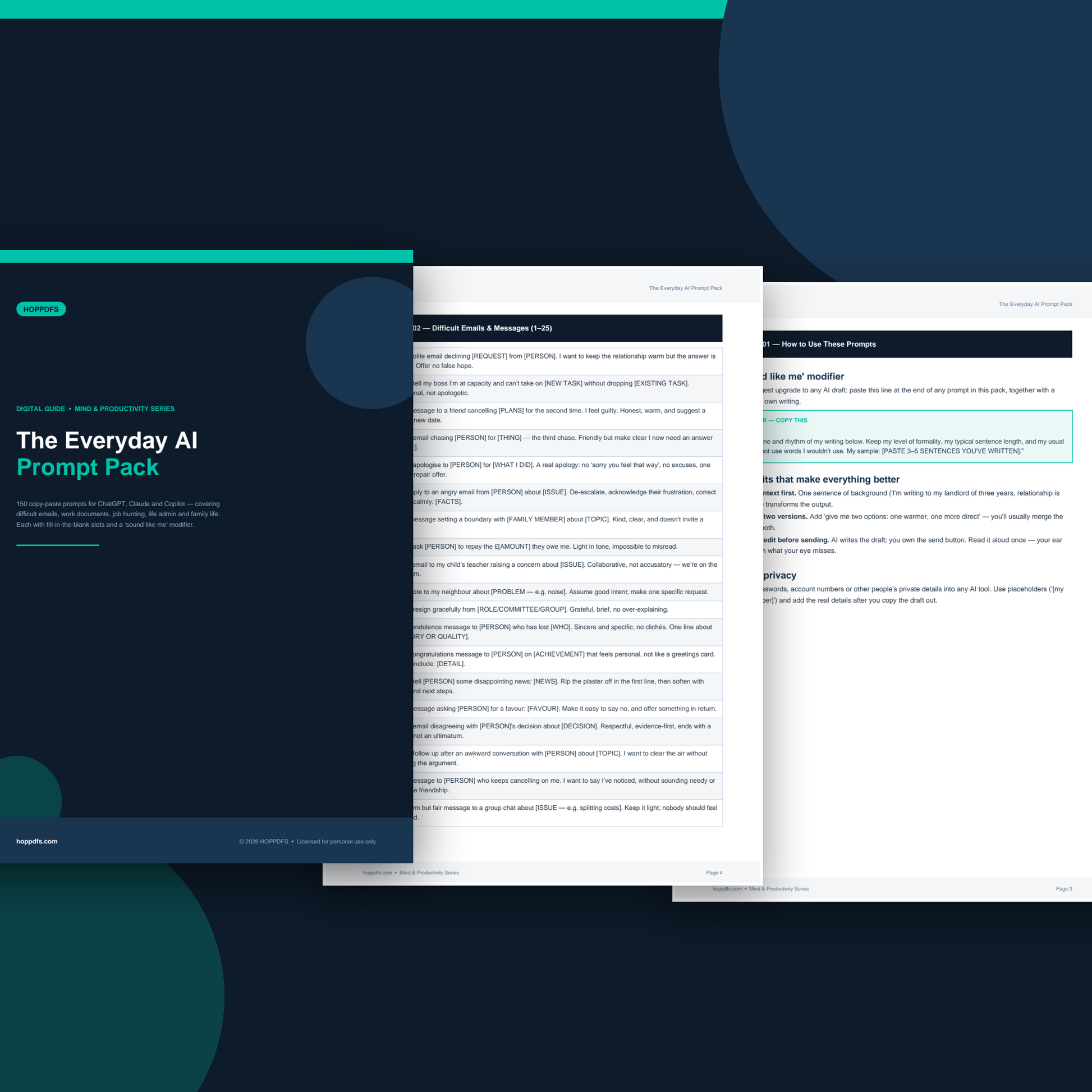The Everyday AI Prompt Pack printable PDF guide, cover and interior pages