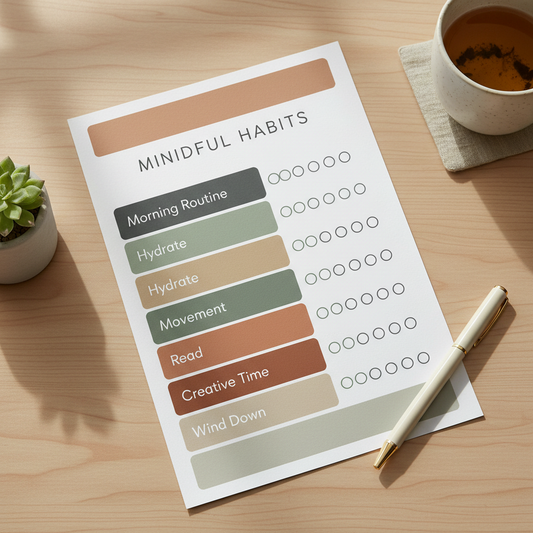 Gentle Habit Tracker ADHD-Friendly Printable flat lay on a warm neutral desk