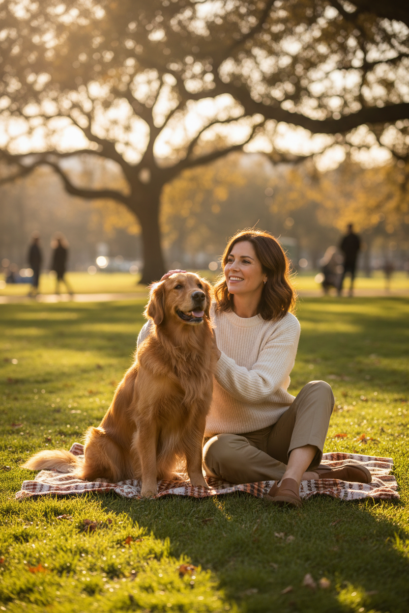 Happy calm dog sitting with owner in sunny park