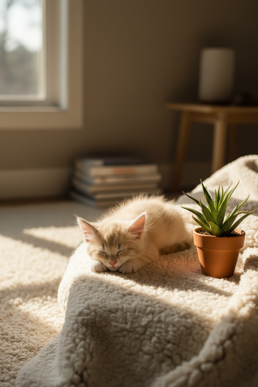 Fluffy kitten curled up on a soft cream blanket next to a small plant