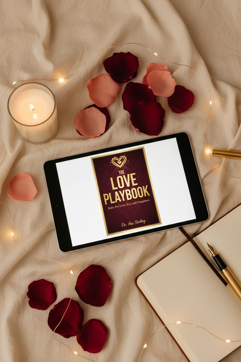 The Love Playbook eBook displayed on a tablet with romantic props on a cream linen background