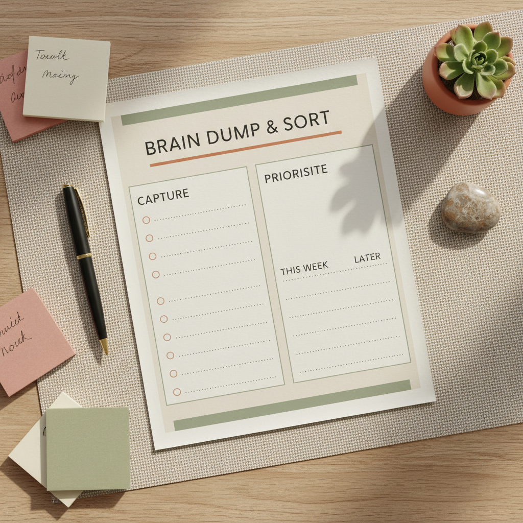 Brain Dump and Sort ADHD-Friendly Printable Planner flat lay on a warm neutral desk