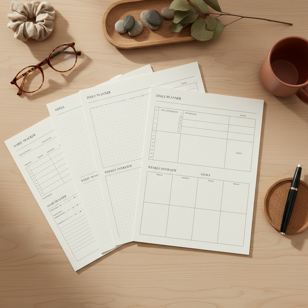 ADHD Planner Bundle 5 one-page printable planners fanned out on a warm neutral desk