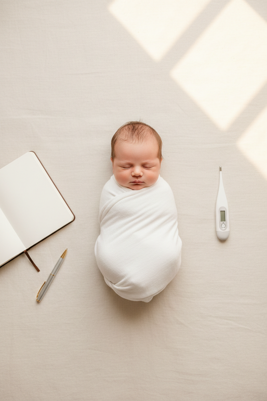 Sleeping newborn in white swaddle with thermometer on cream background