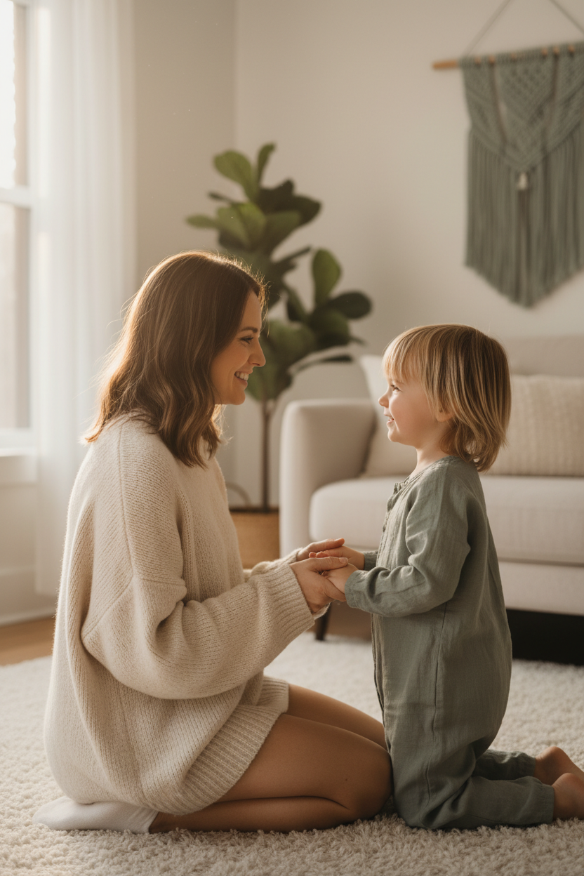 Mother kneeling to eye level with young child, calm and connected