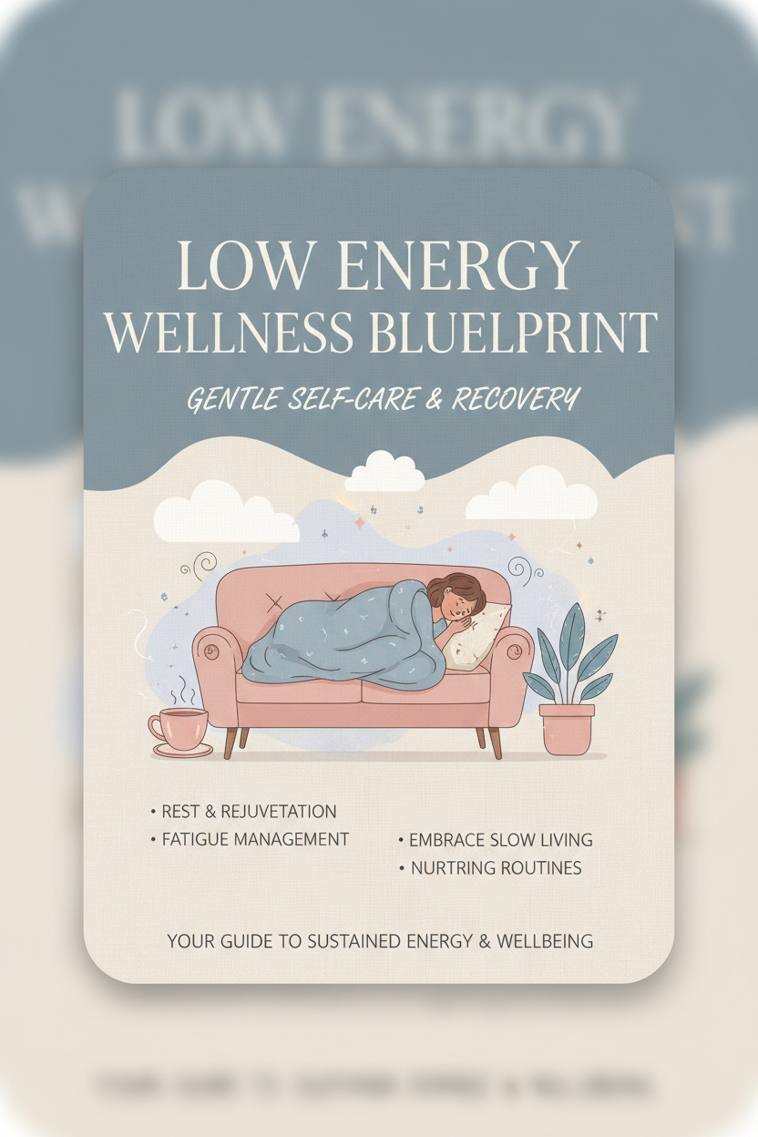 Low Energy Wellness Blueprint PDF guide cover with soft pastel wellness and self-care imagery