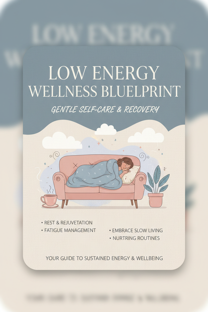 Low Energy Wellness Blueprint PDF guide cover with soft pastel wellness and self-care imagery