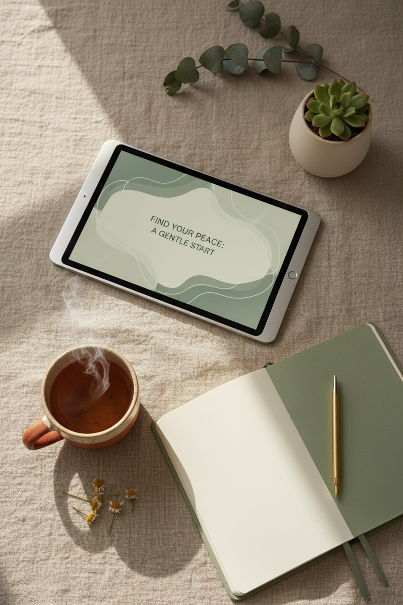 Low Dopamine Morning lifestyle shot — herbal tea, journal and eucalyptus on linen in soft morning light