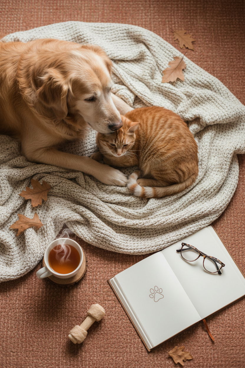 Senior dog and cat resting together on a cosy blanket