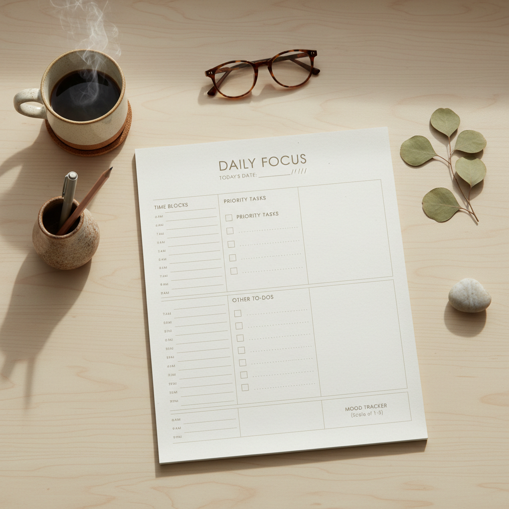 Daily Dashboard ADHD-Friendly Daily Planner Printable flat lay on a warm neutral desk